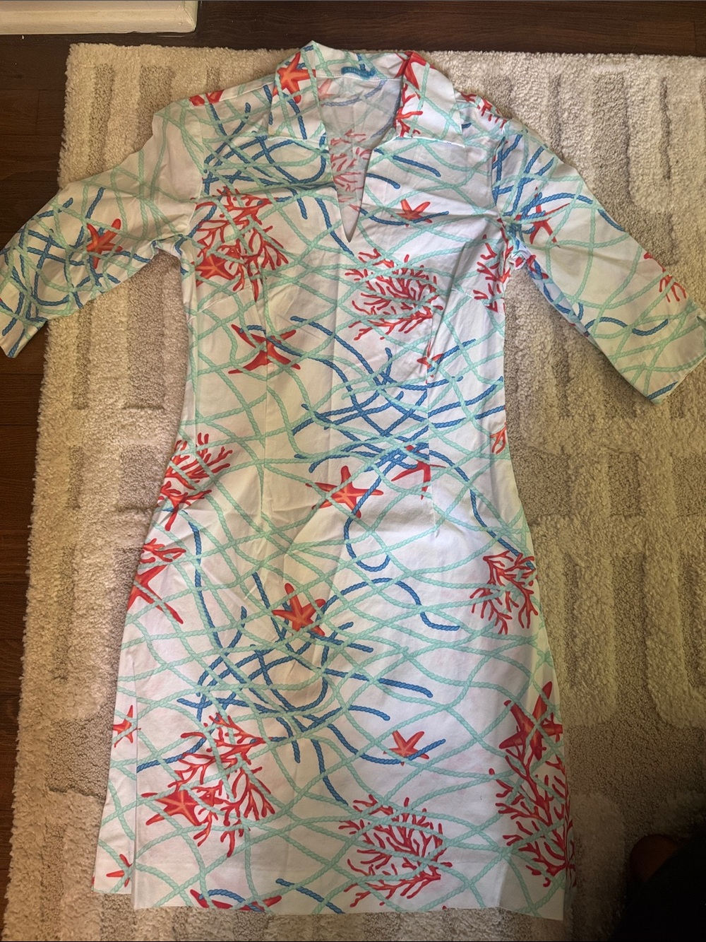 J. McLaughlin White Shift Dress with Coral & Aqua Wave Print